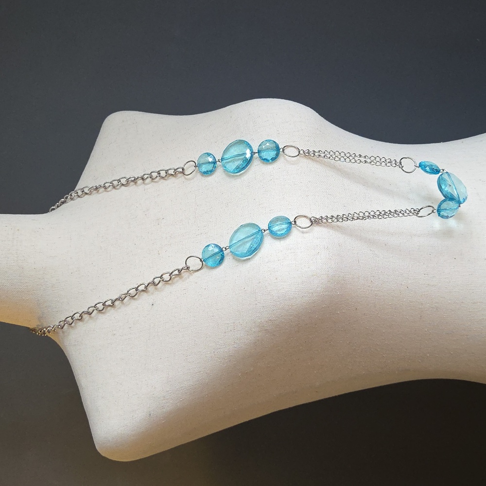 Blue Beaded and Silver Toned Long Costume Jewelry Necklace